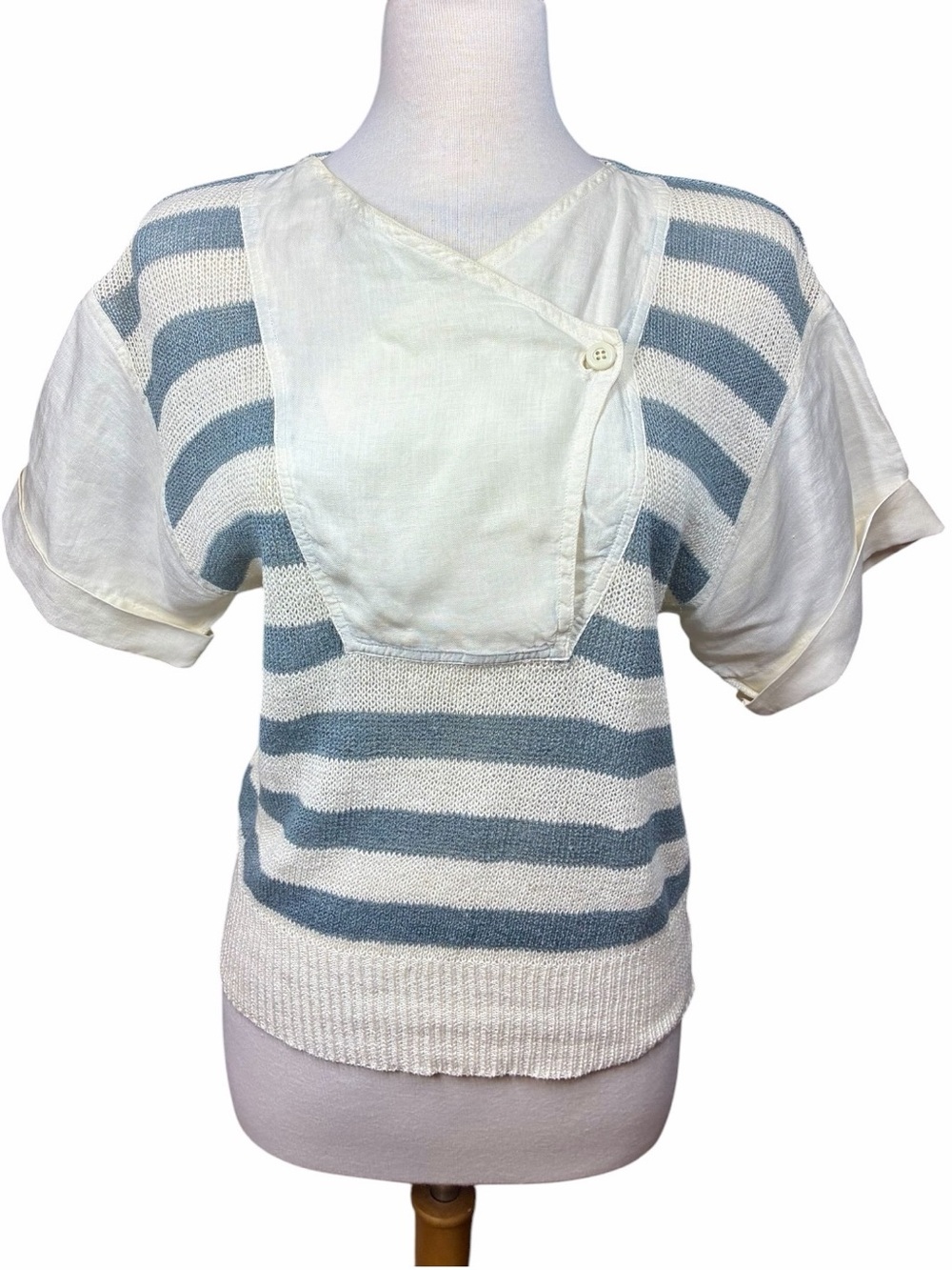 VINTAGE 100% Linen Gray and White Striped Knit Top with Sailor Bib Size Medium